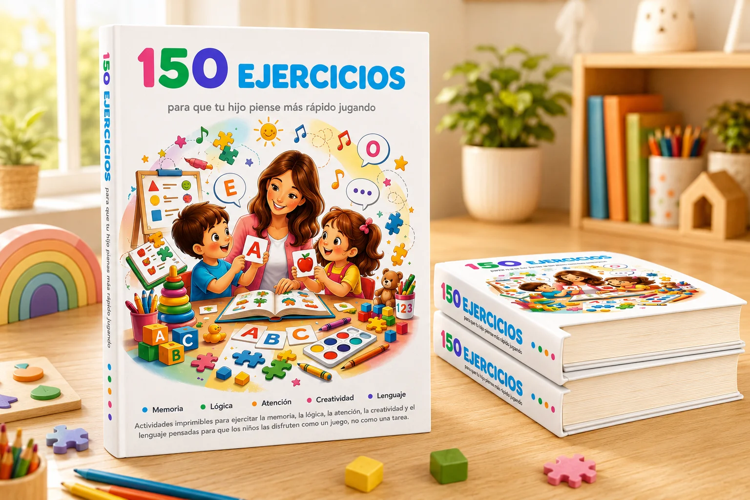 Cuaderno imprimible de 150 ejercicios con hojas de laberintos, secuencias y sopa de letras junto a una tablet y crayones