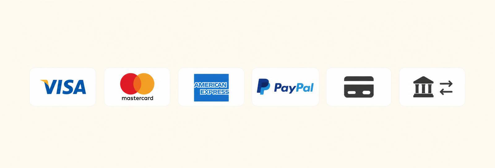 Métodos de pago aceptados: Visa, Mastercard, American Express, PayPal, tarjeta de crédito y transferencia bancaria